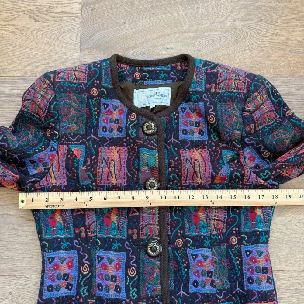 Miss Hardy Amies London Vintage Abstract Tapestry Blazer Jacket Multi Color Sz 9